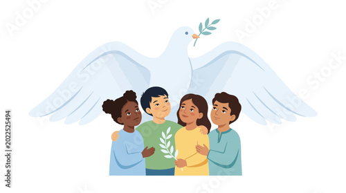 Принти на полотні Group of diverse children standing together under a symbolic dove of peace