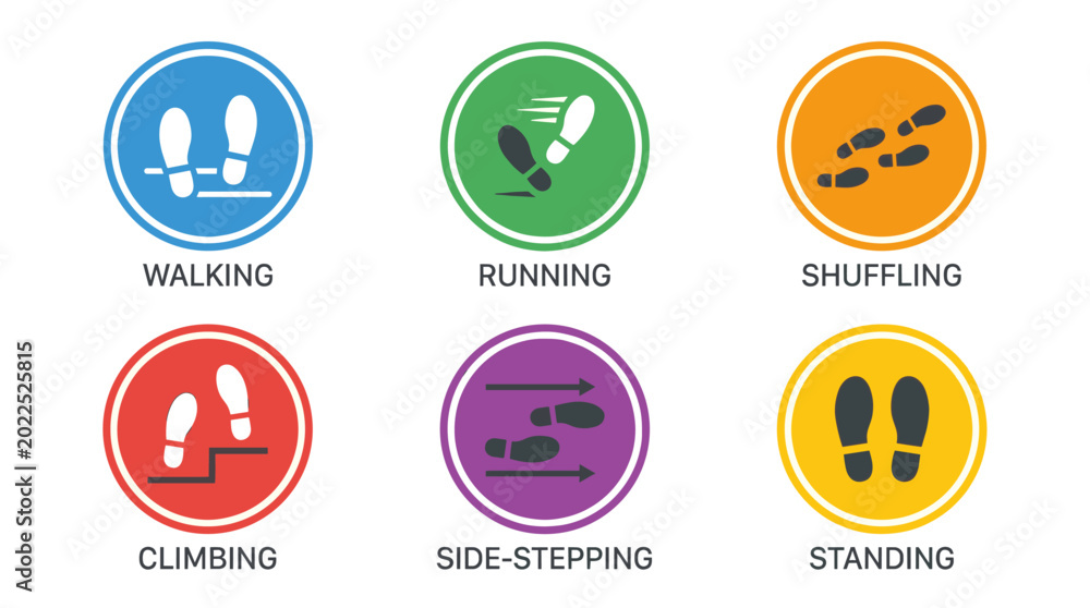 Fototapeta premium Human Footstep Movement Types Flat Vector Icon Set