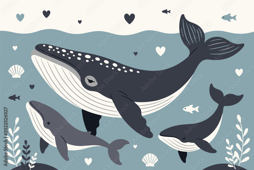 Fototapeta premium Humpback whale family with a mother and two calves swimming in a deep blue ocean with decorative hearts and marine life.