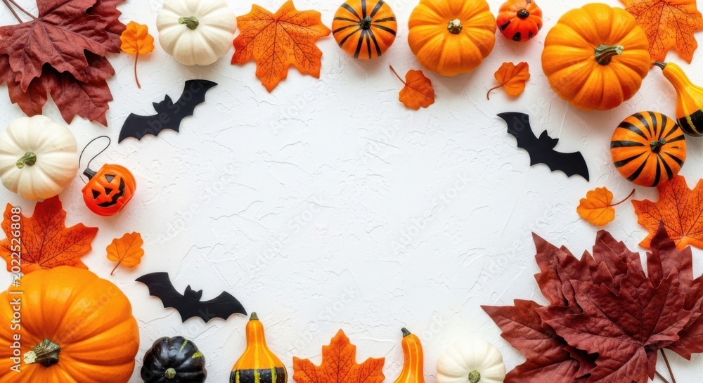 Fototapeta premium Festive Halloween arrangement with pumpkins, bats, and autumn leaves on a white background