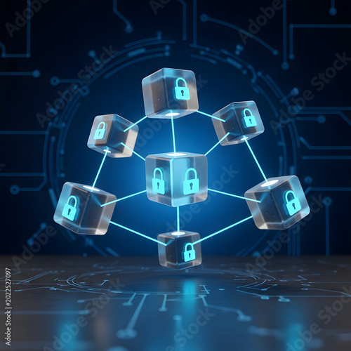 Digital blockchain network with secure encrypted cubes linked by glowing lines on a circuit board background
