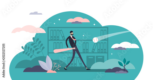 Play hardball illustration, transparent background. Business strategy in tiny persons concept. Allegory comparison with baseball game and company management approach.