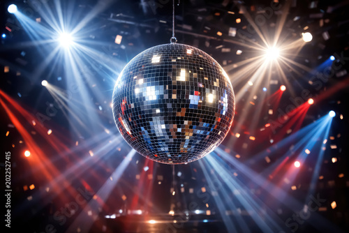 Shiny mirrored disco ball suspended in a dark venue with bright blue, red, and white stage light beams creating a festive and energetic atmosphere