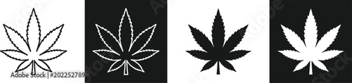 Cuadro en lienzo Cannabis Leaf Icon Set with Outline and Solid Styles on White and Black Backgrou
