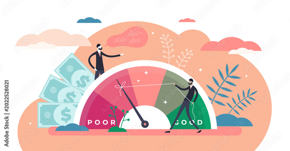 Naklejka premium Credit score illustration, transparent background. Wealth evaluation in flat tiny persons concept. Financial and economical situation improvement from poor to good for mortgage bank reports.