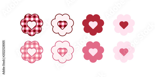 Valentine flower heart icon set in red and pink with gingham, solid and pastel variations for romantic stickers, cards, packaging and social media design