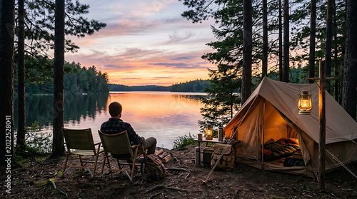 A person sitting on a folding chair near tent at lakeside summer campsite surrounded by pine forests with glowing lanterns
