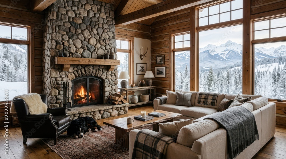 Fototapeta premium Cozy log cabin living room with roaring fireplace and stunning mountain views
