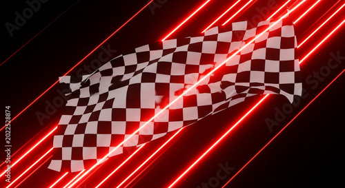 Racing checkered flag waves fast with red neon lights speeding