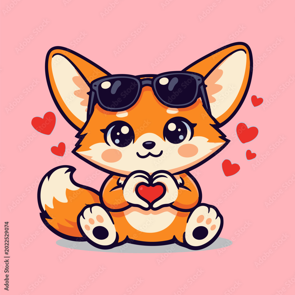 Fototapeta premium Cute fennec fox wearing sunglasses, holding a heart shape with its paws, expressing love and affection in a charming cartoon illustration