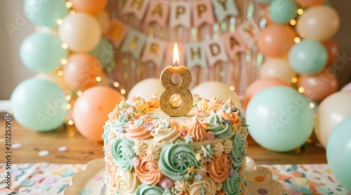 Festive birthday cake with a lit candle number eight and balloons in pastel colors