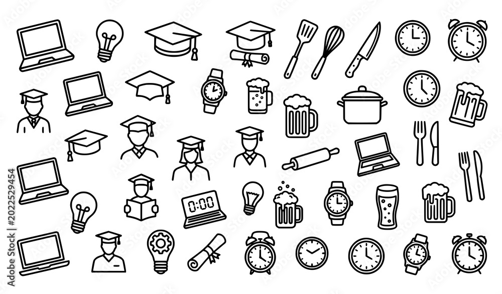 Naklejka premium Creative monochrome flat vector icon set with education and lifestyle symbols