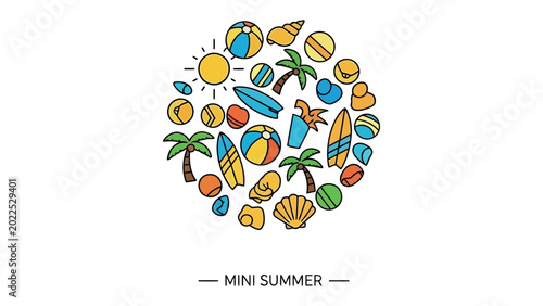 Schilderij op canvas Mini Summer Icons: A vibrant assortment of cheerful icons perfectly captures the essence of summer, promising sunshine, sand, and surf