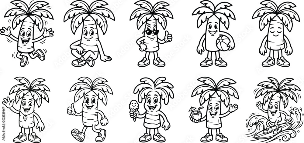 Obraz premium A set of cartoon palm tree characters in various fun poses and expressions