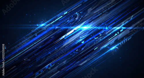 Vibrant blue streaks of light radiate across a dark background