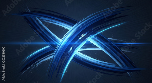 Vibrant blue light trails intersect in a dark abstract graphic design