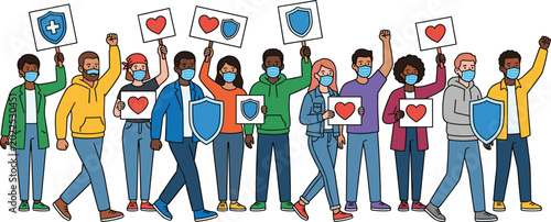 Canvas-taulu Cartoon People Rallying with Shields and Heart Signs, Advocating for Health and