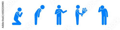 Tableau sur toile Set of blue stick figure icons depicting various poses for apology and remorse, including kneeling, bowing, and offering flowers