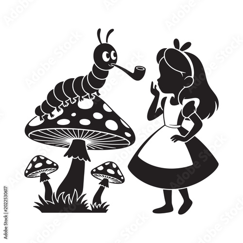 Alice and the caterpillar silhouette illustration on a white background