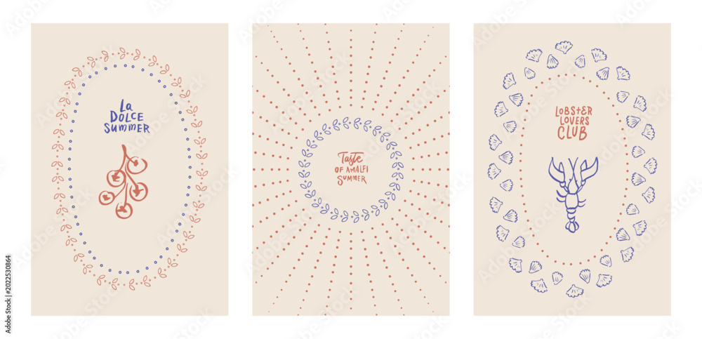 Fototapeta premium La Dolce Summer Amalfi food posters collection, hand written Mediterranean tomatoes branch, seafood lobster club and sunburst taste of summer illustration set for coastal restaurant branding. Vector