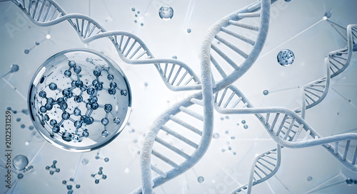Scientific visualization showing dna strand structure with blue chemical molecular spheres floating.