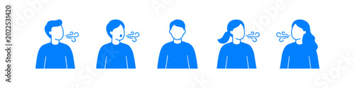 Obraz na płótnie Set of blue vector icons illustrating people breathing, inhaling, and exhaling
