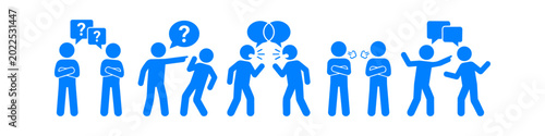 Foto Blue stick figure icons depicting conflict, disagreement, and bad communication