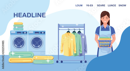 Modern Laundry Service Illustration with Washing Machines and Female Worker Flat Design