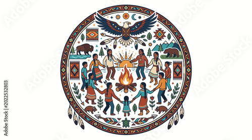 Tableau sur toile Indigenous People Celebrating Around A Ceremonial Fire In A Circular Tribal Illustration