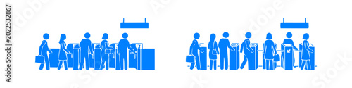 Bild auf Leinwand Blue vector icon set depicting commuters passing through ticket gates and turnstiles