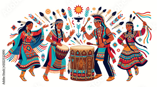 Canvastavla Native American Indigenous People Dancing and Playing Drums in Traditional Regalia