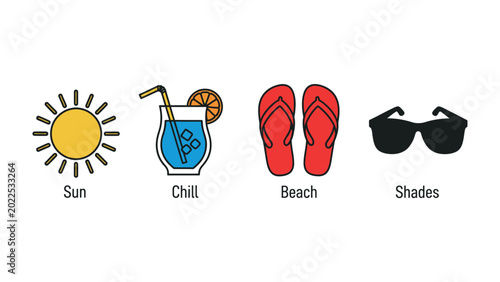 Photos Summer Vacation Icon Set: A collection of simple, charming icons, perfect for conveying the essence of summer relaxation and beach fun