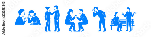 Blue minimalist vector icons showing diverse social interactions, body language, and communication styles like whispering, arguing, holding hands, and talking.