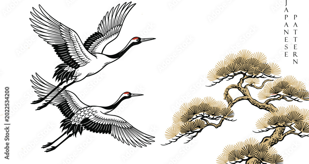 Fototapeta premium Traditional Japanese Crane Vector Illustration with Flying Red-Crowned Birds and Pine Tree Elements Isolated on White Background for Asian Pattern Designs