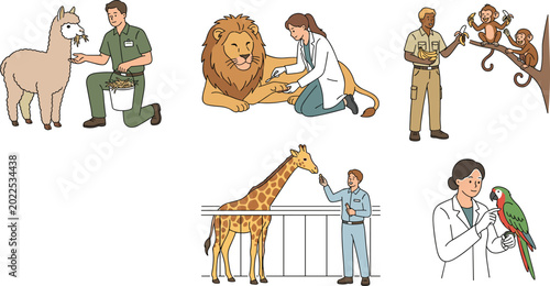 Photography Cartoon Illustrations of Veterinarians Caring for Wild Animals Including Lions,