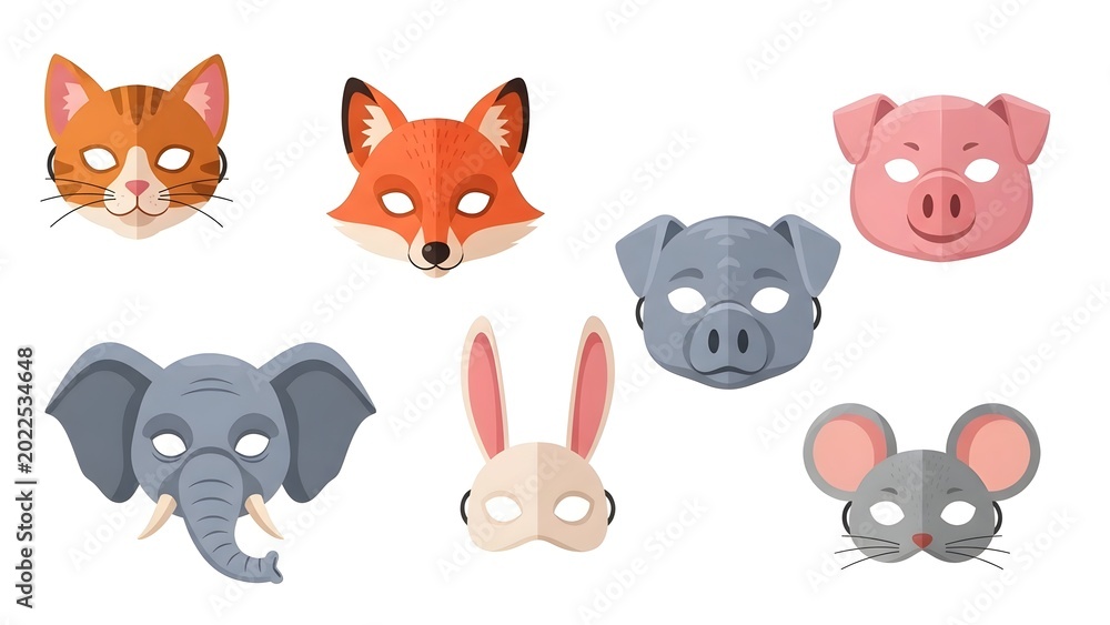 Fototapeta premium Collection of cartoon animal masks including cat, fox, pig, elephant, rabbit, and mouse for children's dress-up and parties