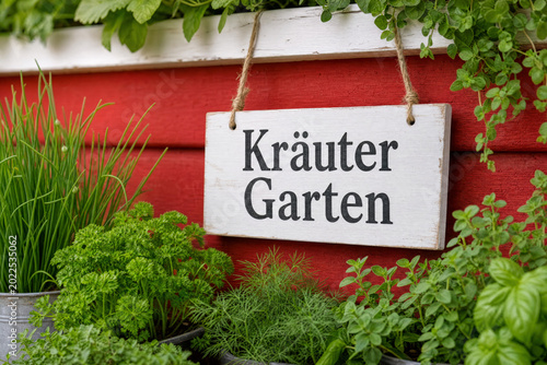 Hanging herb garden sign on red wooden wall surrounded by greenery