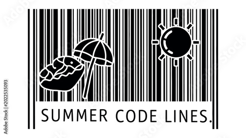 Photos Summer Code Lines: a thematic illustration of summer with essential items in barcodes that represent sunny beach days, which is full of fun and happiness, reflecting a sense of leisure and enjoyment