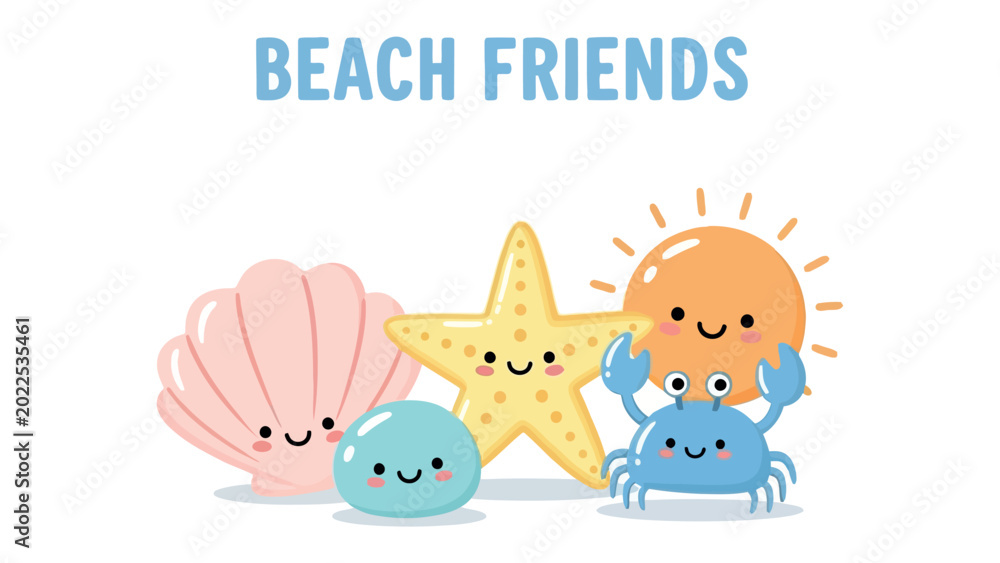 Fototapeta premium Beach Friends: A charming illustration featuring a smiling seashell, starfish, stone, sun, and crab, a joyful portrayal of camaraderie and seaside bliss.