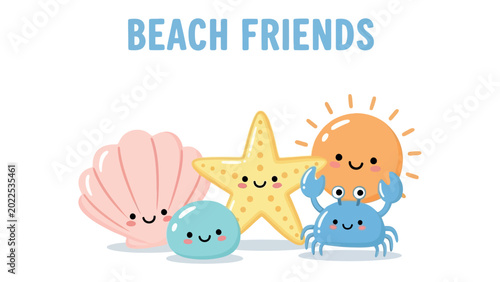 Valokuva Beach Friends: A charming illustration featuring a smiling seashell, starfish, stone, sun, and crab, a joyful portrayal of camaraderie and seaside bliss