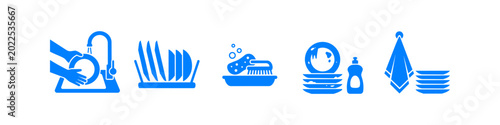 Schilderij op canvas A comprehensive set of five blue dishwashing icons, featuring hands washing a plate, a dish rack, soap, and a kitchen towel