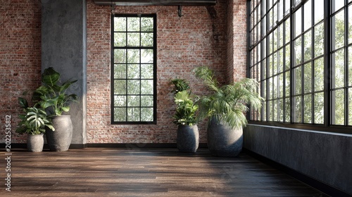 Industrial style room interior with red brick walls, large factory windows, and indoor potted plants on wooden floor. Empty sunlit loft space.