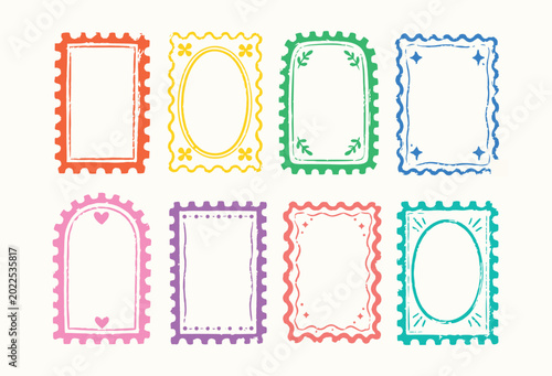 Colorful Hand Drawn crayon chalk postal stamp frame set for scrapbook collage, vintage mail labels tags and decorative retro rough grunge border design elements