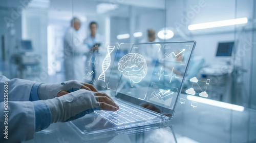 Medical professional using laptop with futuristic digital health interface in hospital setting