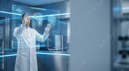 Scientist in lab coat interacting with futuristic holographic data interface