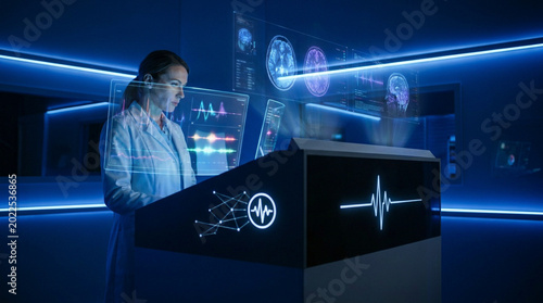 Female scientist analyzing brain activity hologram in futuristic lab with digital interface