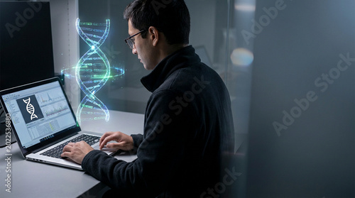 Professional researcher analyzing genetic data on laptop in modern lab