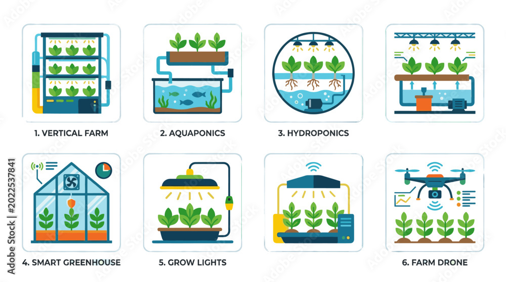 Naklejka premium Urban Farming Technology Flat Line Vector Icon Set