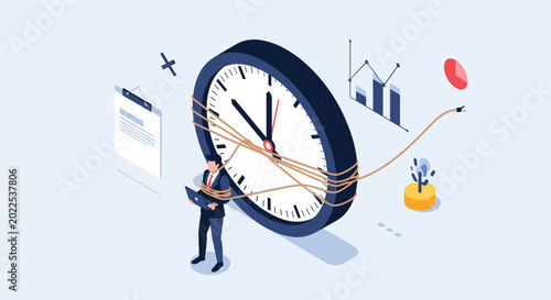 Stressed business professional tied to a giant clock with ropes representing the pressure of time management and deadlines.