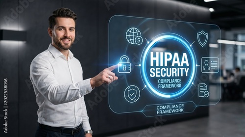 Businessman Interacting with Futuristic HIPAA Security Interface for Healthcare Data Privacy and Compliance